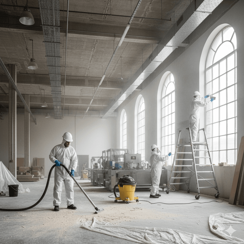 Gebäudereiniger polieren Fenster und reinigen Böden in renovierter Halle mit Rundbogenfenstern und hoher Decke.