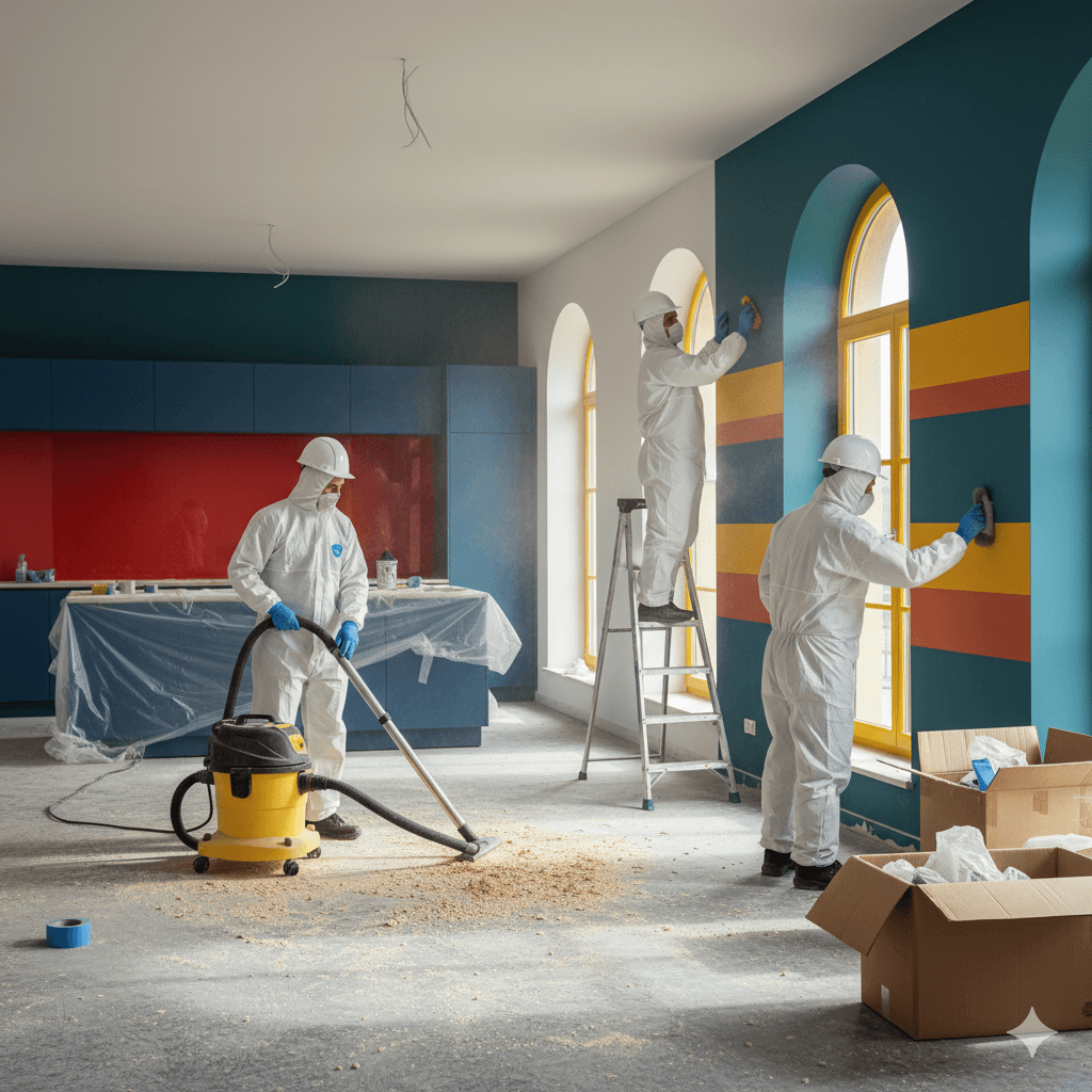 Reinigungsteam bei der Bauendreinigung eines frisch gestrichenen Büros mit farbigen Wänden und moderner Einrichtung.