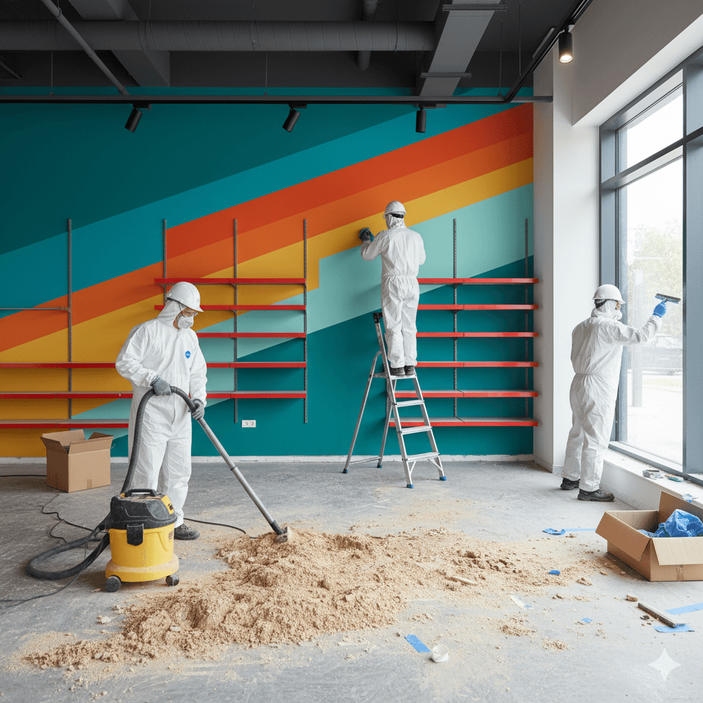 Endreinigung eines modernen Büroraums mit geometrischem Wanddesign, professionelle Renovierungsreinigung.