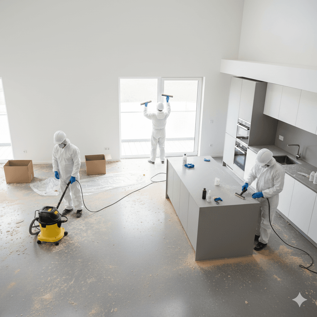 Bauendreinigung in moderner Küche – Reinigungsteam entfernt Bauschmutz, Staub und Rückstände nach Renovierung für bezugsfertige Räume.