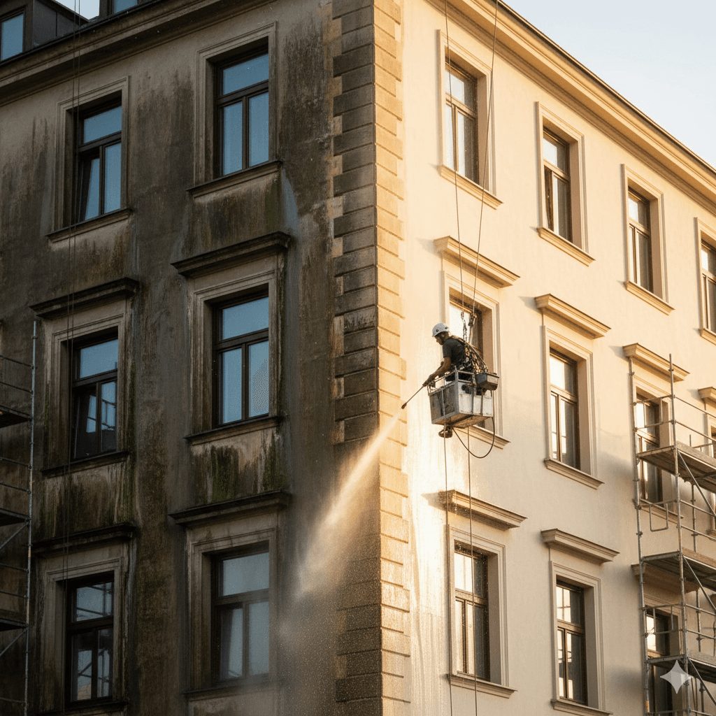 Fassadenreinigung an historischem Gebäude, Reinigungskraft nutzt Hochdruckreiniger zur Entfernung von Schmutz und Ablagerungen.