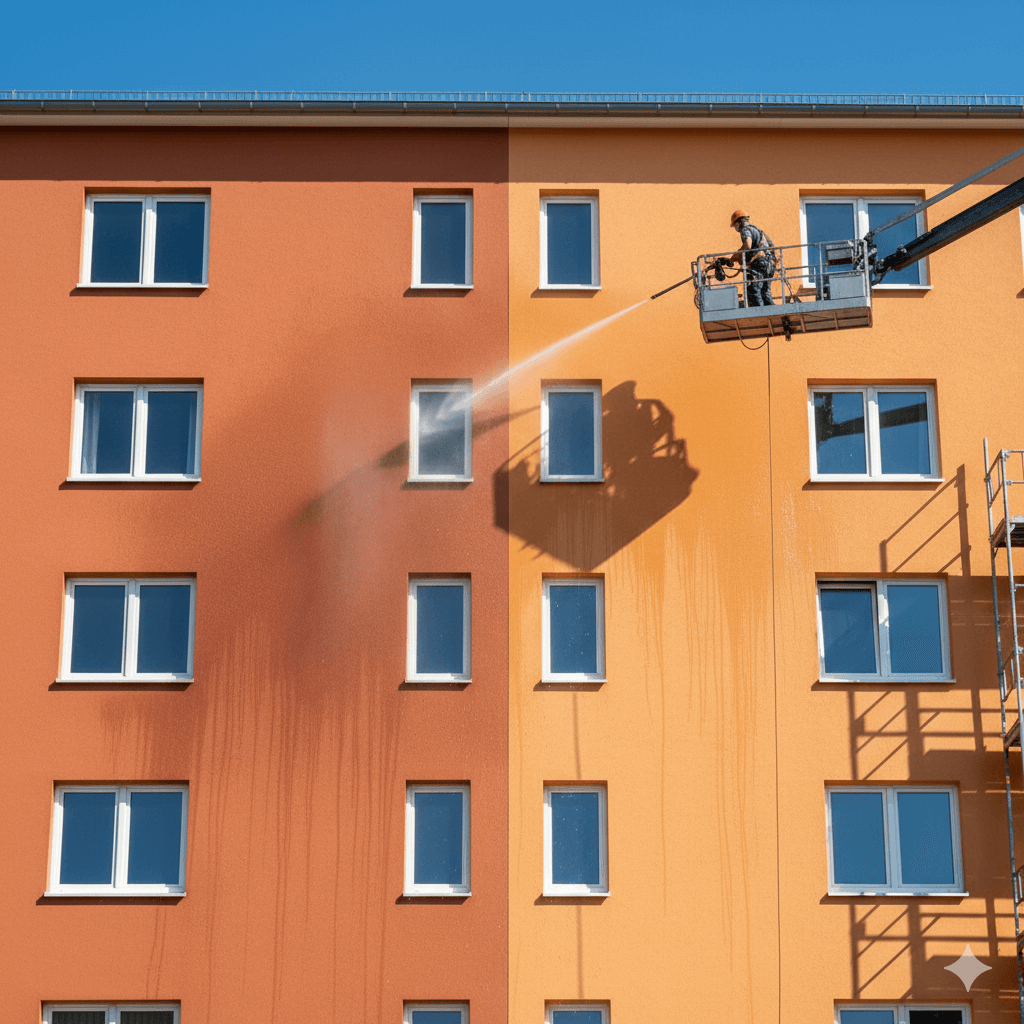 Fassadenreinigung an modernem Mehrfamilienhaus mit orangefarbener Fassade, gründliche Hochdruckreinigung durch Fachpersonal.