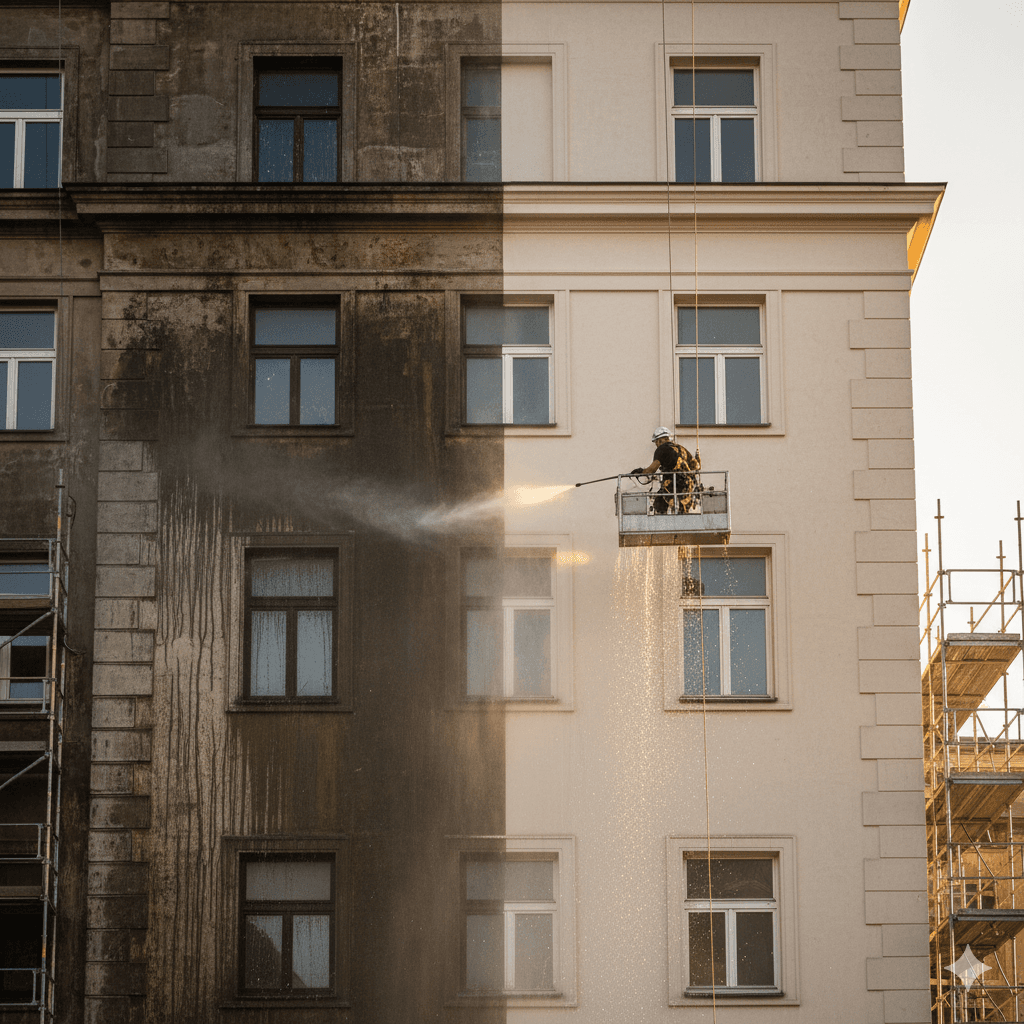 Fassadenreinigung mit Hochdruckreiniger – Reinigungsteam entfernt Schmutz und Ablagerungen von Gebäudeoberfläche für sauberes Erscheinungsbild.