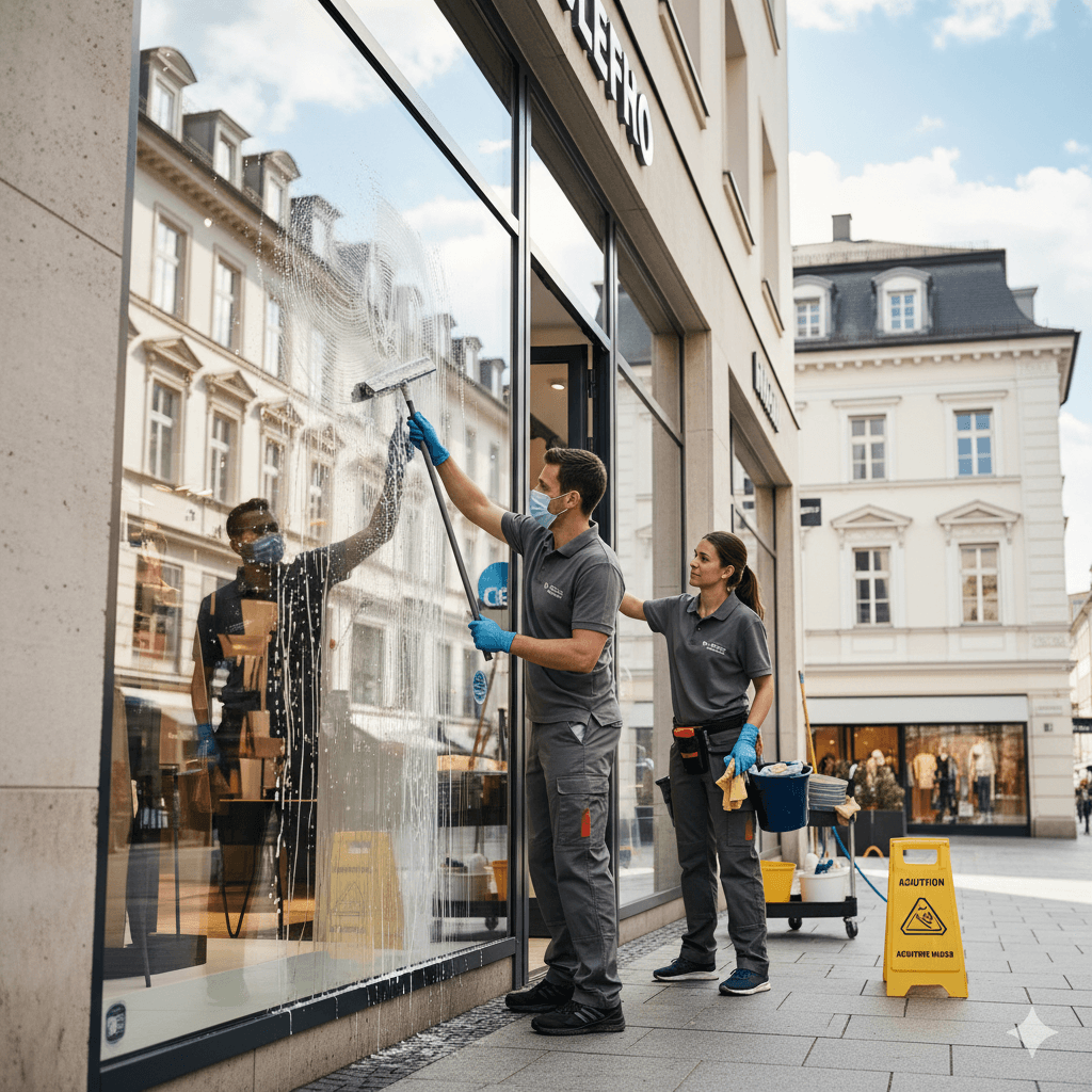 Reinigungsfirma führt professionelle Fensterreinigung an Schaufenstern in der Innenstadt durch, Glasflächen werden poliert.