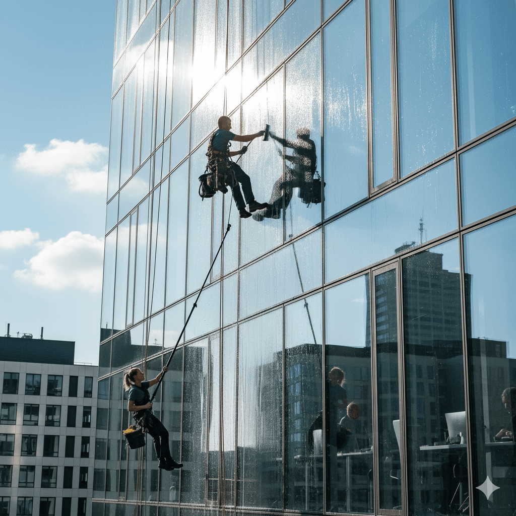 Industriekletterer reinigen Glasfassade eines Hochhauses bei sonnigem Wetter, sichere Höhenarbeit durch Spezialausrüstung.