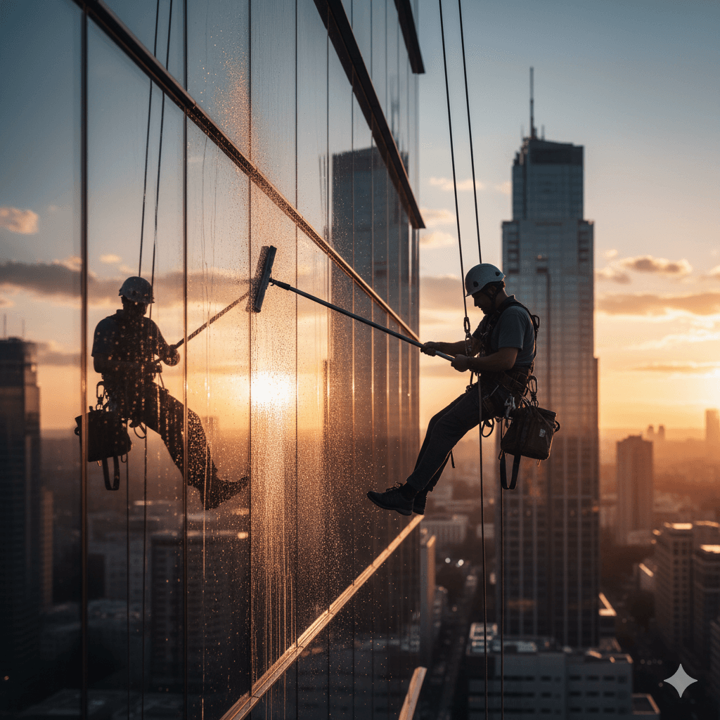 Fassadenreiniger bei der Fensterreinigung eines Bürogebäudes im Sonnenuntergang, Glasflächen werden streifenfrei gesäubert.