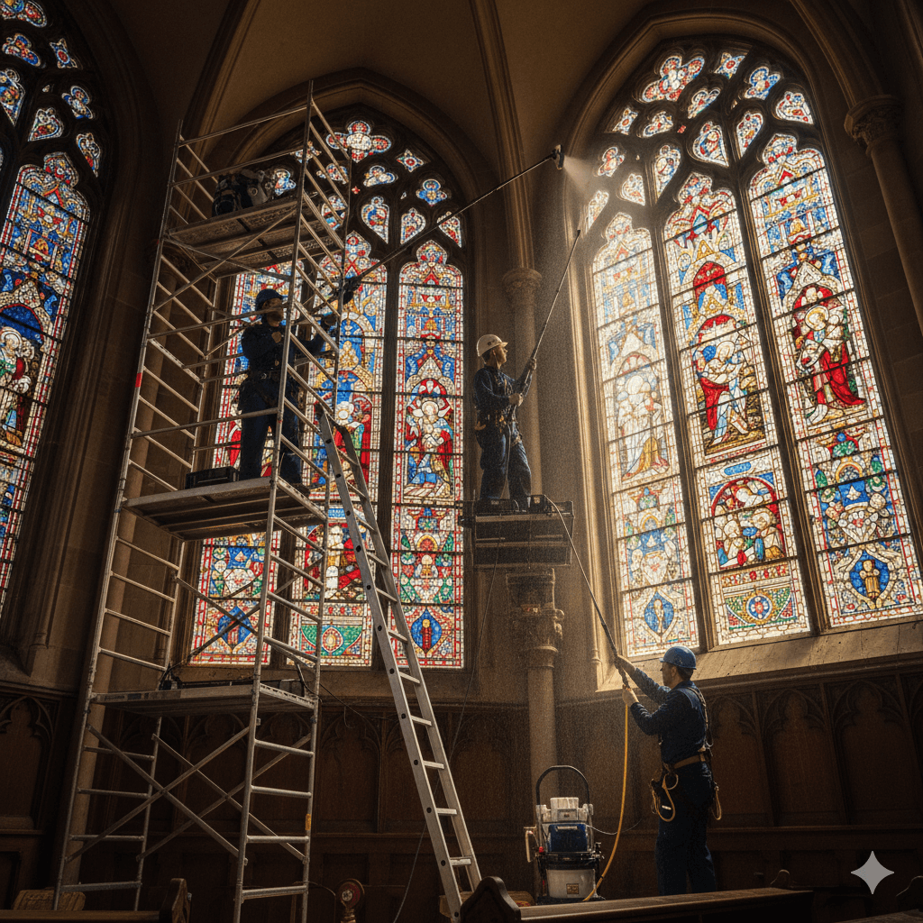 Spezialteam reinigt Kirchenfenster und Glasmalereien in historischem Gebäude, professionelle Glasreinigung in großer Höhe.