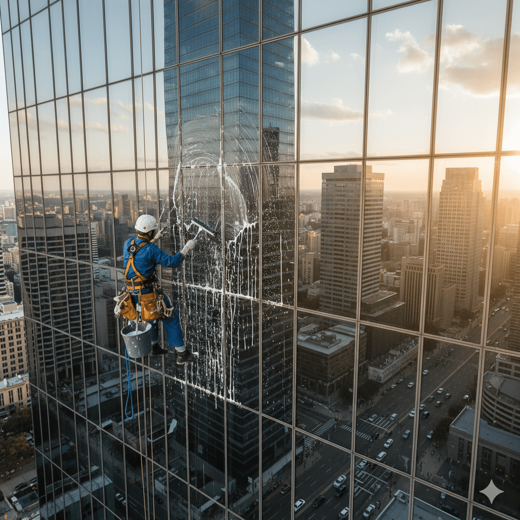 Industriekletterer reinigen Glasfassade eines modernen Hochhauses, Glasflächen glänzen nach professioneller Reinigung.