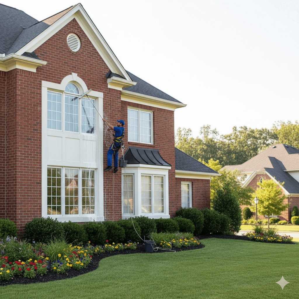 Reinigungskraft führt Fensterreinigung an Einfamilienhaus durch, sichere Arbeiten in Höhe mit Seilsicherung.