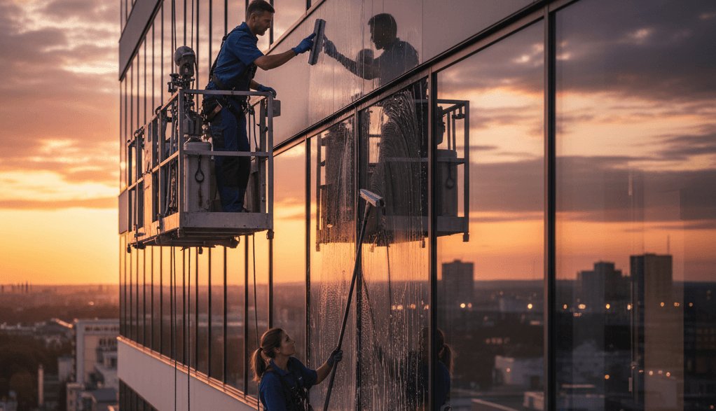 Professionelle Fensterreinigung an Hochhausfassade – Reinigungskraft säubert Glasflächen mit Hubarbeitsbühne für streifenfreie Sauberkeit.
