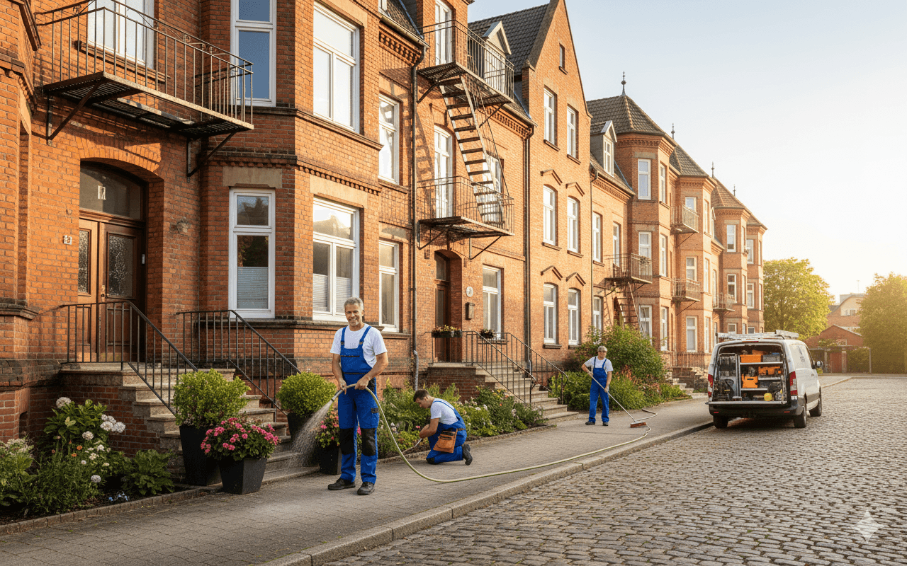 Hausmeisterteam führt Reinigungs- und Wartungsarbeiten an Wohngebäuden durch, Pflege von Grünflächen und Gehwegen.