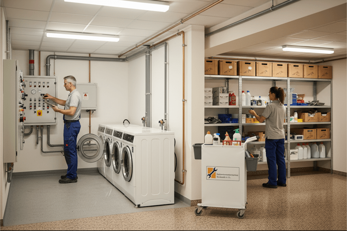 Hausmeisterservice kontrolliert Technikräume und Waschmaschinenanlagen, Wartung und Sauberkeit in gemeinschaftlichen Bereichen.