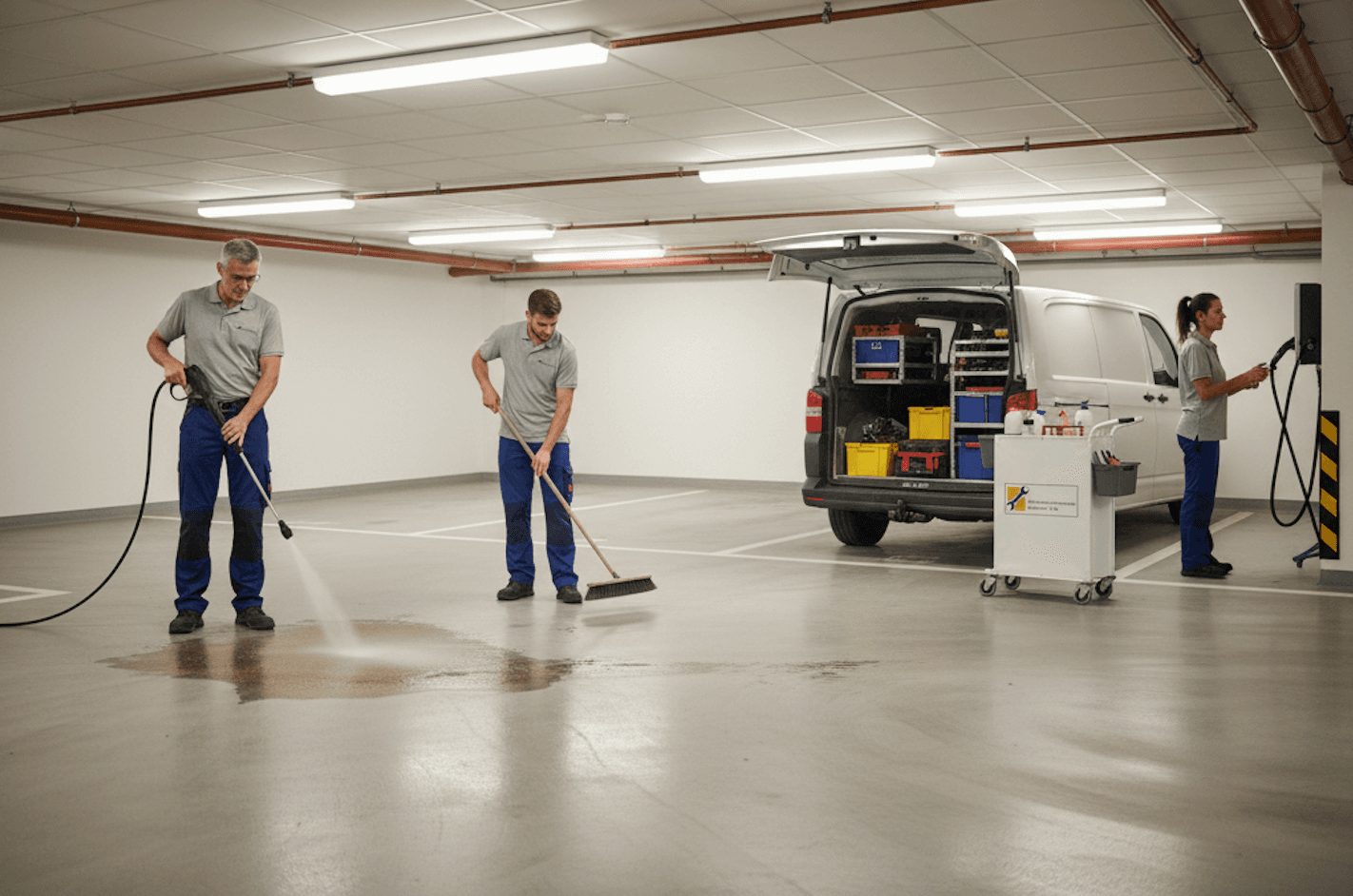 Mitarbeiter des Hausmeisterdienstes reinigen Tiefgarage und entfernen Schmutz von Böden für gepflegtes Erscheinungsbild.