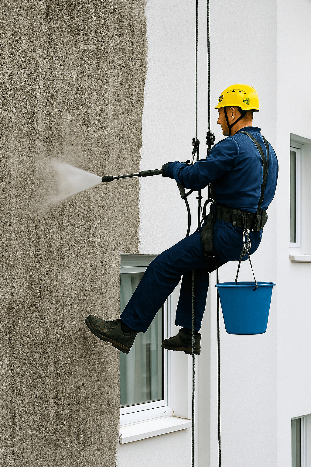 Professionelle Fassadenreinigung an Gebäude – Reinigungsteam entfernt Schmutz und Ablagerungen für sauberes Erscheinungsbild.