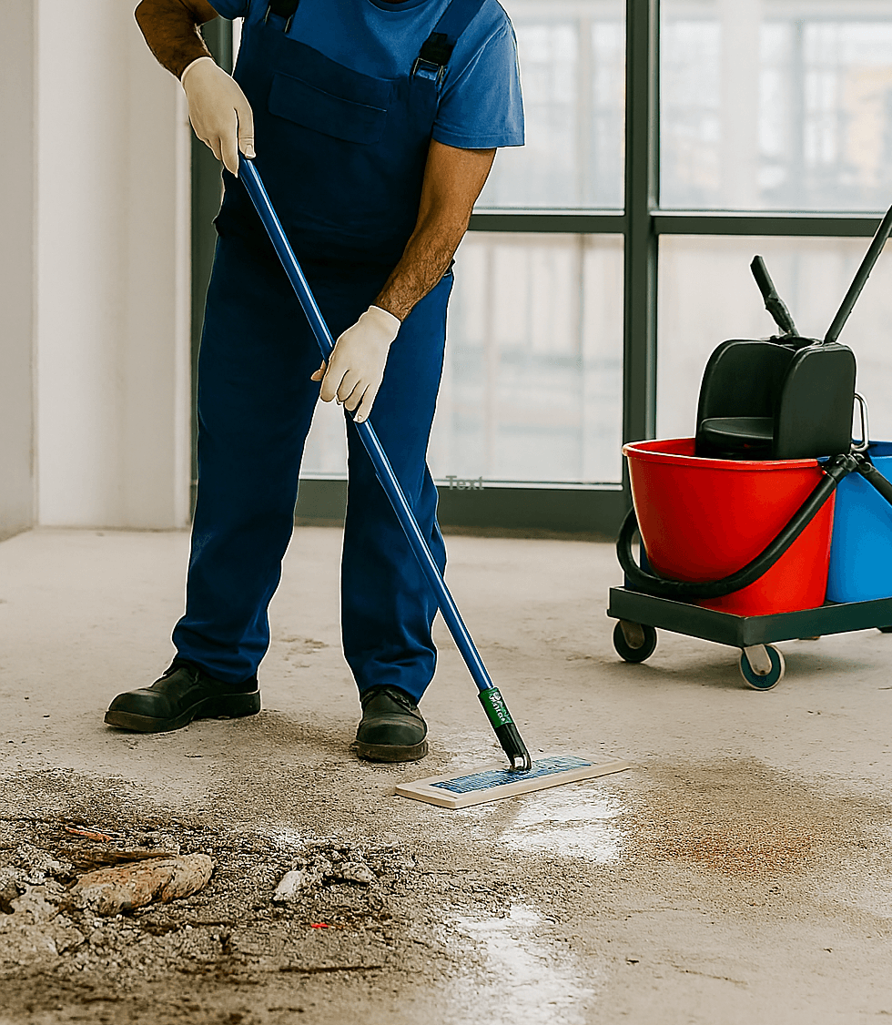 Bauendreinigung nach Renovierung – Reinigungskraft entfernt Bauschutt und Staub für bezugsfertige Räume.