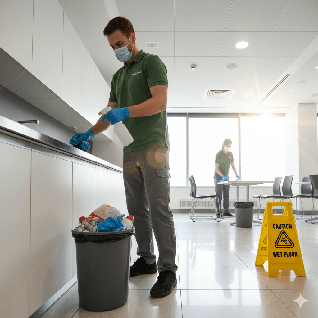 Reinigungsfirma führt Unterhaltsreinigung in Büro-Küche durch, Reinigungskraft leert Mülleimer und wischt Arbeitsflächen.