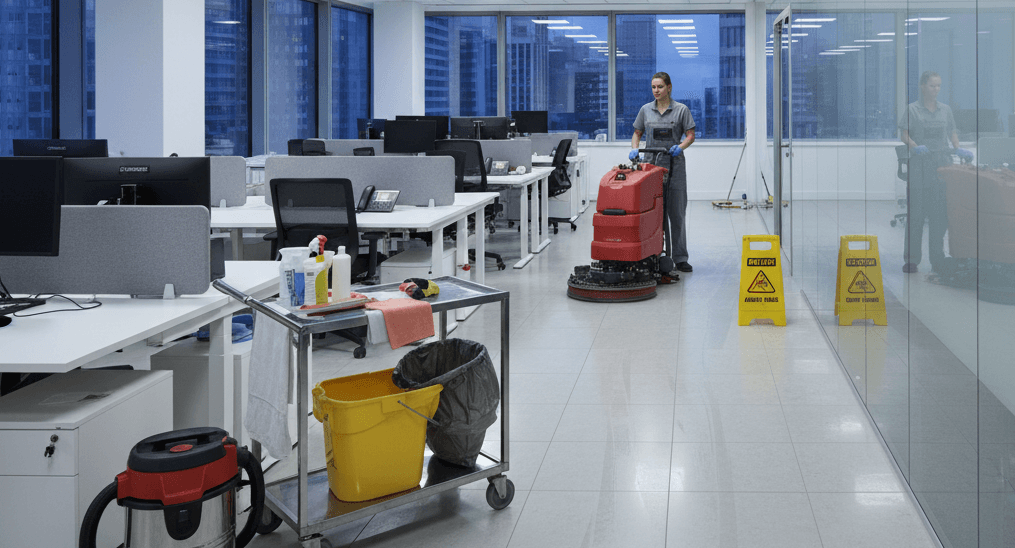 Professionelle Unterhaltsreinigung in modernem Büro, Reinigungskraft nutzt Reinigungsmaschine für glänzende Böden.