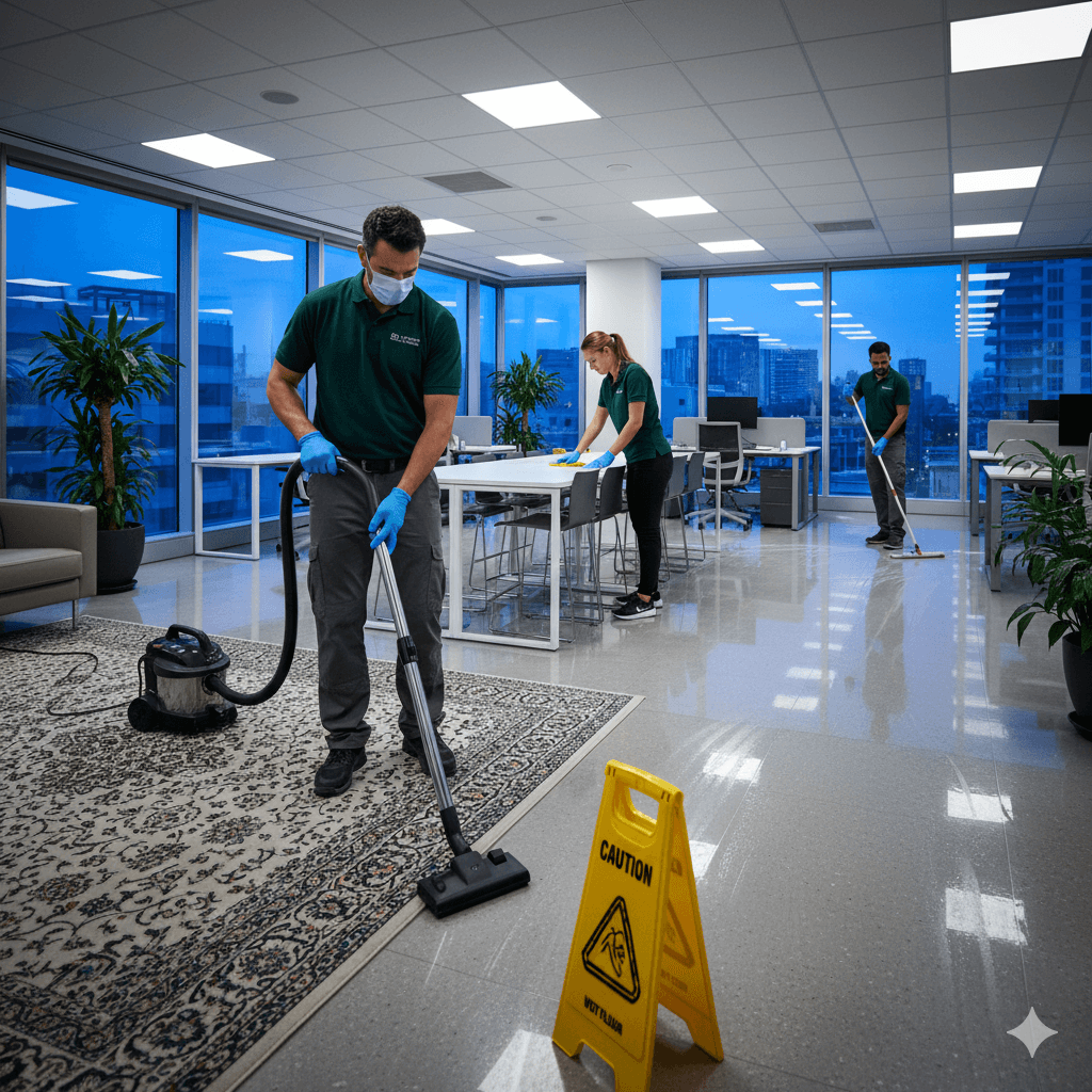Team führt Büroreinigung durch, Reinigungskräfte saugen Teppichboden und reinigen Arbeitsplätze gründlich.