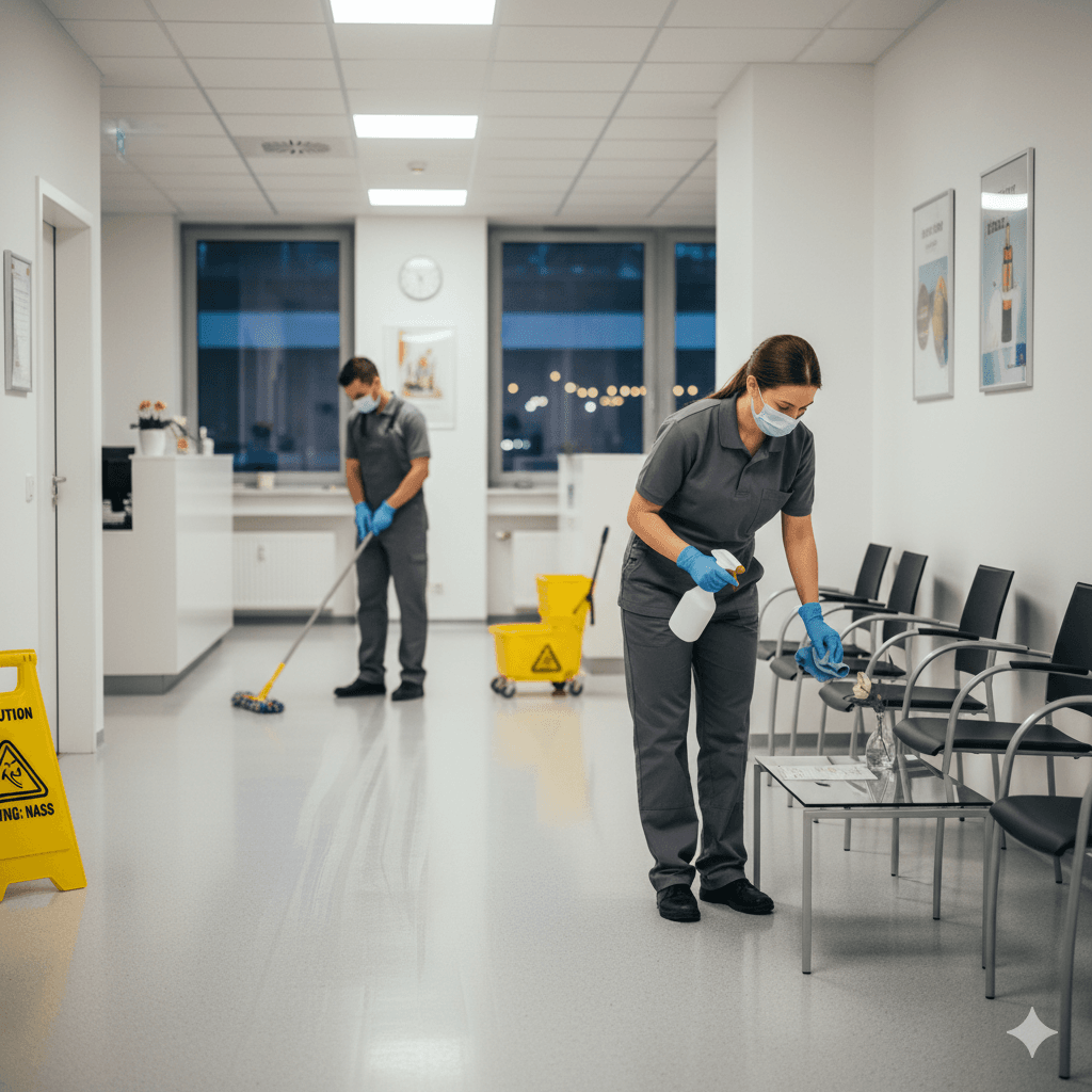 Unterhaltsreinigung in Arztpraxis, Reinigungsteam desinfiziert Stühle und Böden für hygienisch saubere Räume.