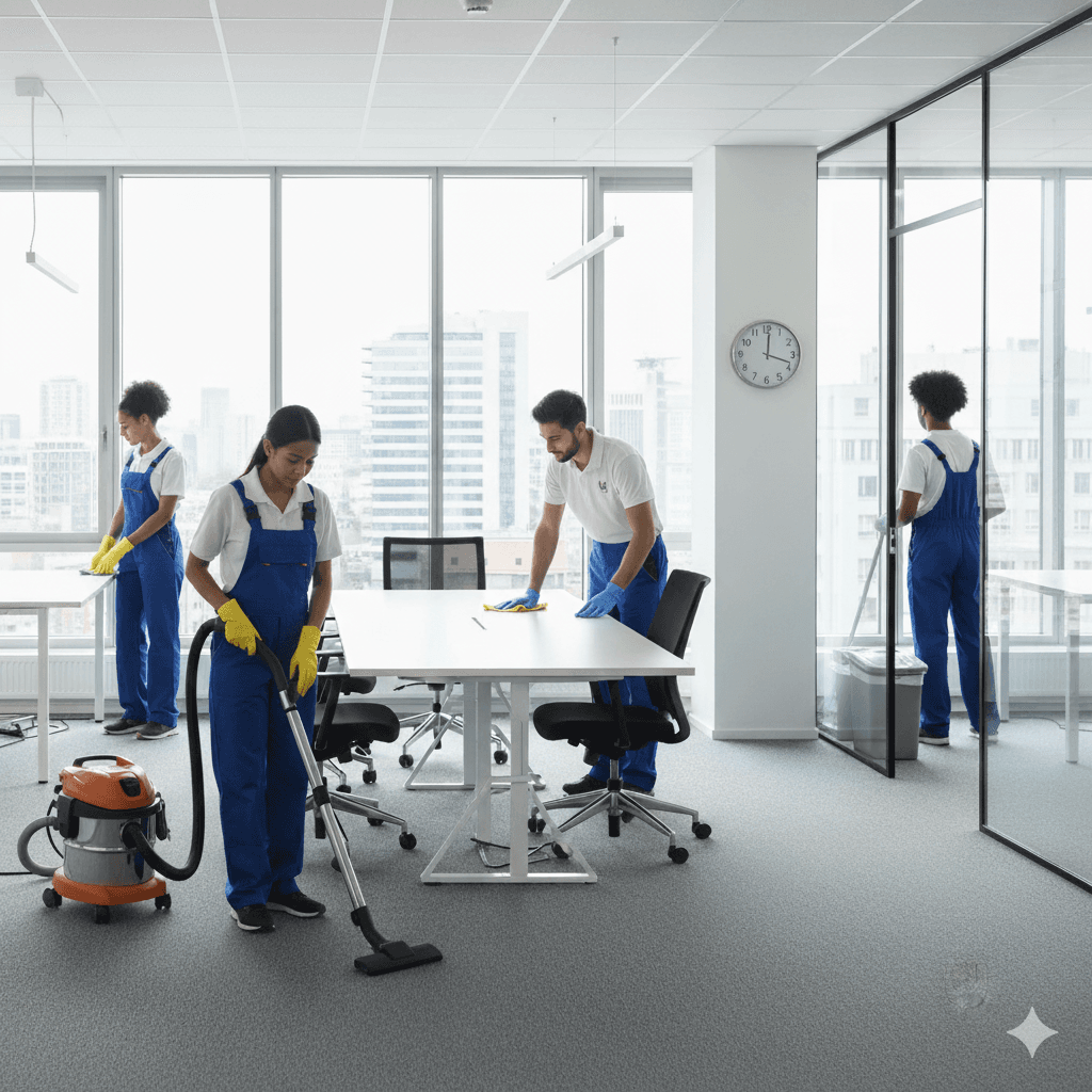 Büroreinigung durch professionelles Reinigungsteam, Staubsaugen und Wischen von Arbeitsbereichen und Möbeln.