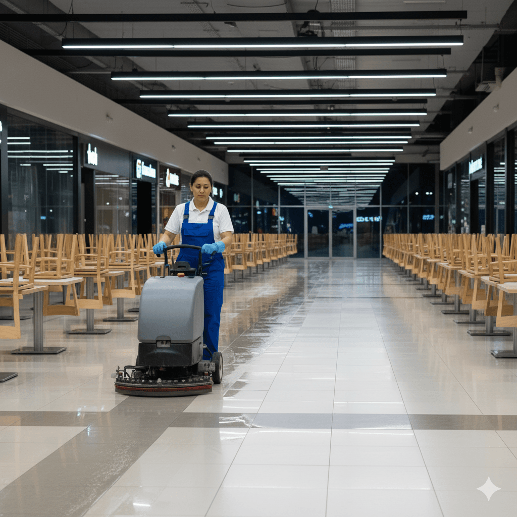 Reinigungsfirma führt Bodenpflege in leerem Restaurant durch, glänzende Fliesen nach professioneller Unterhaltsreinigung.