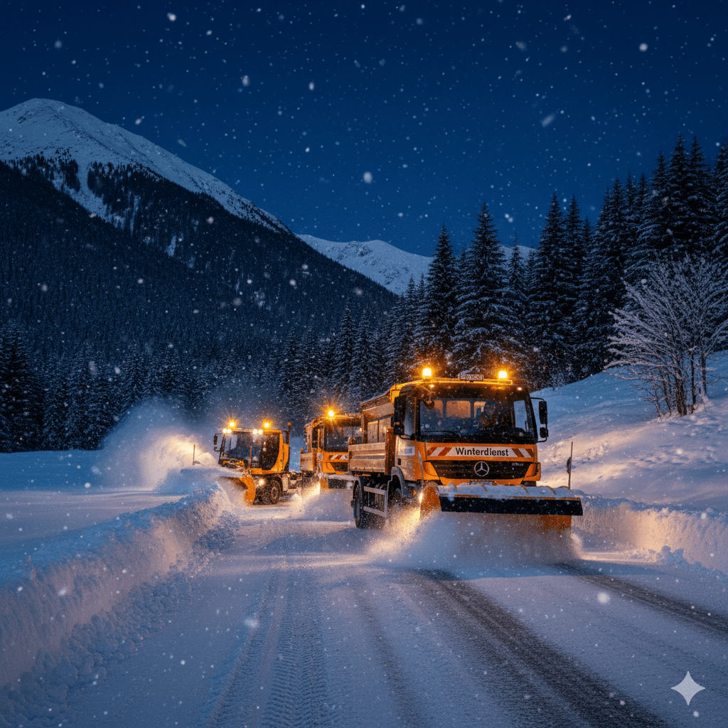 Mehrere Winterdienst-Fahrzeuge im nächtlichen Einsatz, Räumung verschneiter Bergstraßen mit Beleuchtung und Salzstreuung.