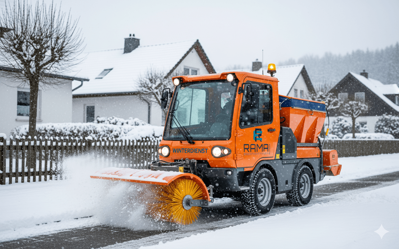 Rama Dienstleistungen im Wintereinsatz, Räumfahrzeug beseitigt Schnee vor Wohnhäusern für sichere Zufahrten.