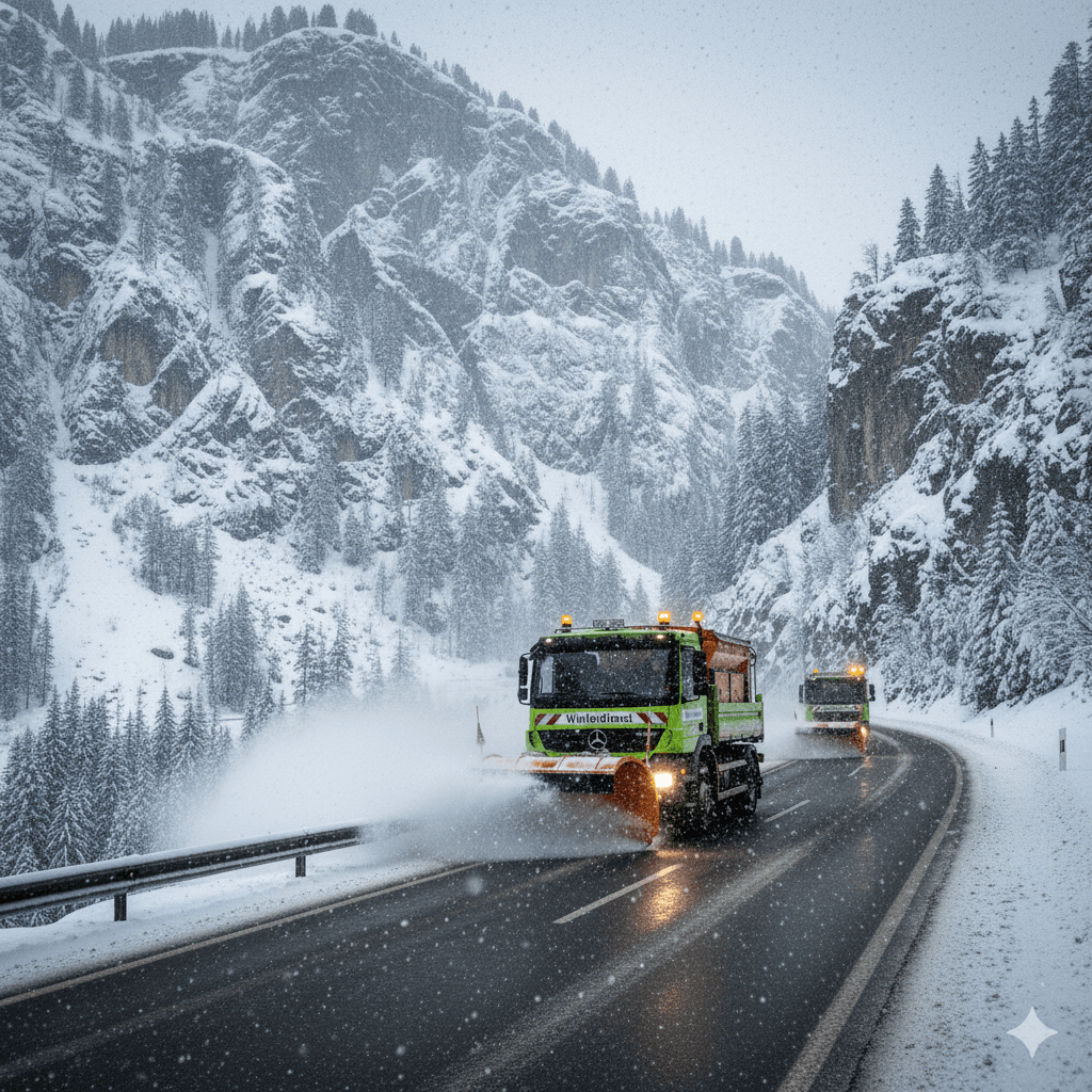 Winterdienst beseitigt Schnee entlang steiler Bergstraßen, professionelle Straßenreinigung bei winterlichen Bedingungen.