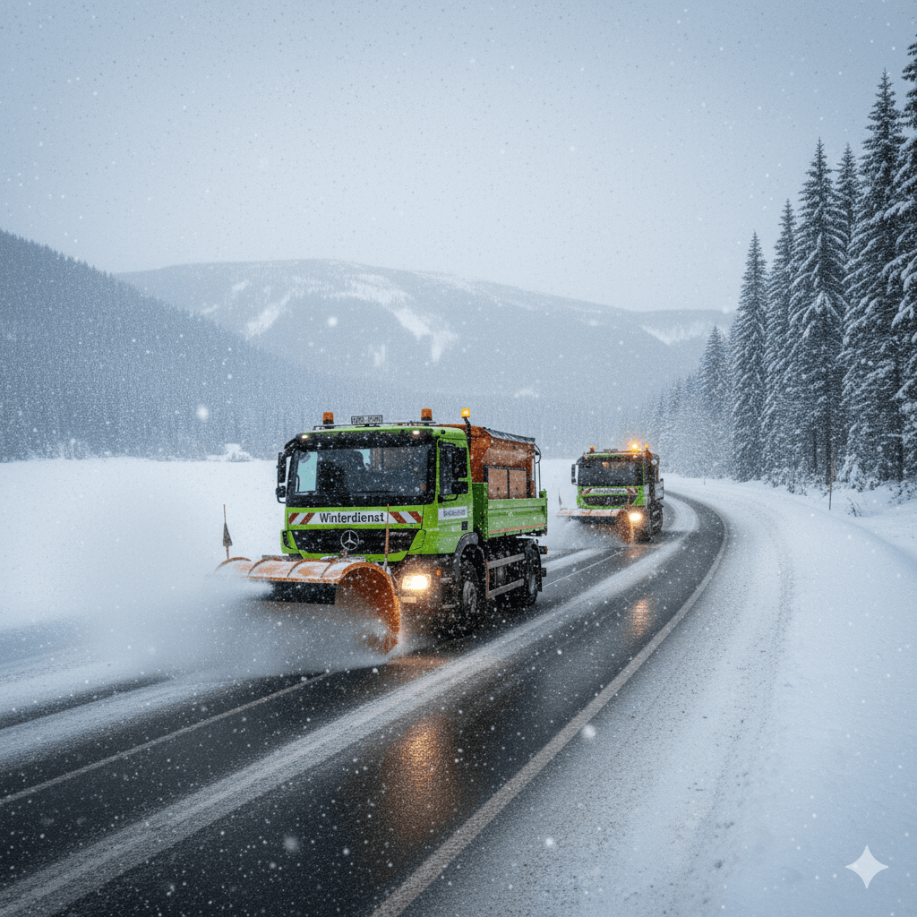 Winterdienst-Fahrzeuge räumen verschneite Straßen in Gebirgsregion, effiziente Schneeräumung und Eisbekämpfung.